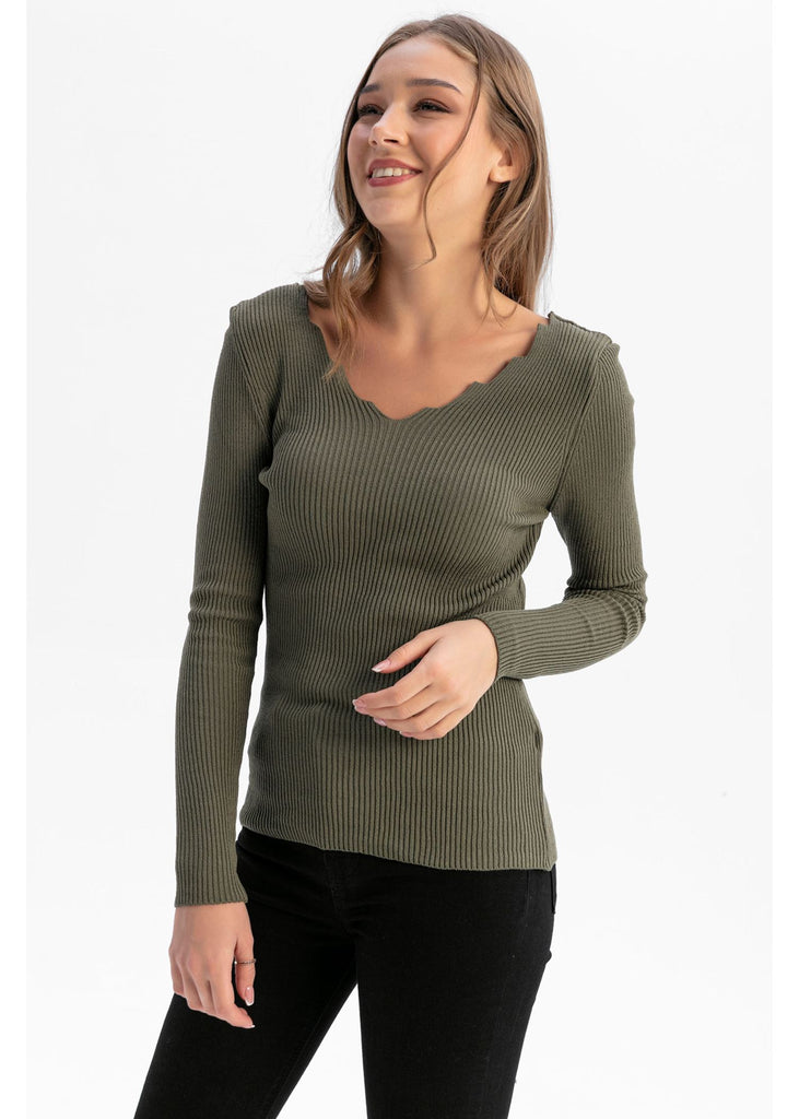Women's Zig Zag Neckline Khaki Tricot Sweater