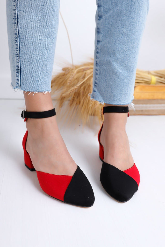 حذاء جلد سويدي أحمر أسود بكعب نسائي