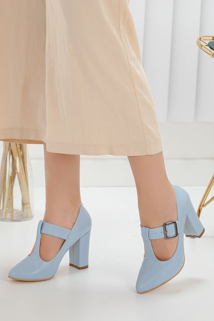Women's Baby Blue Leather Heeled Shoes