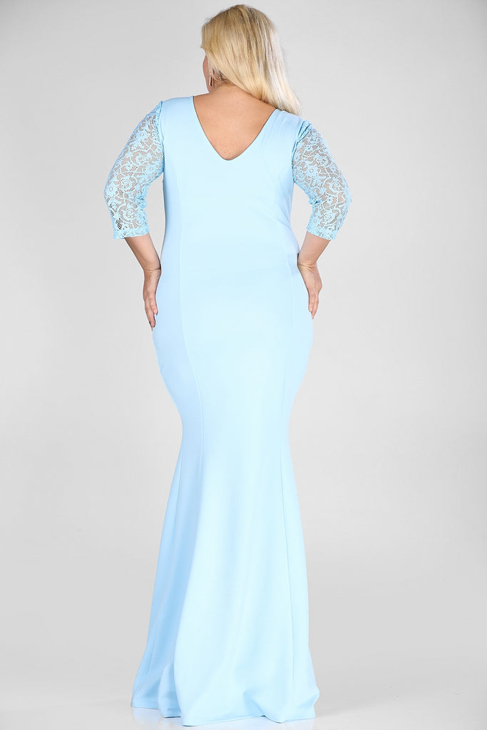 Oversize Lace Sleeves Fish Model Blue Evening Dress