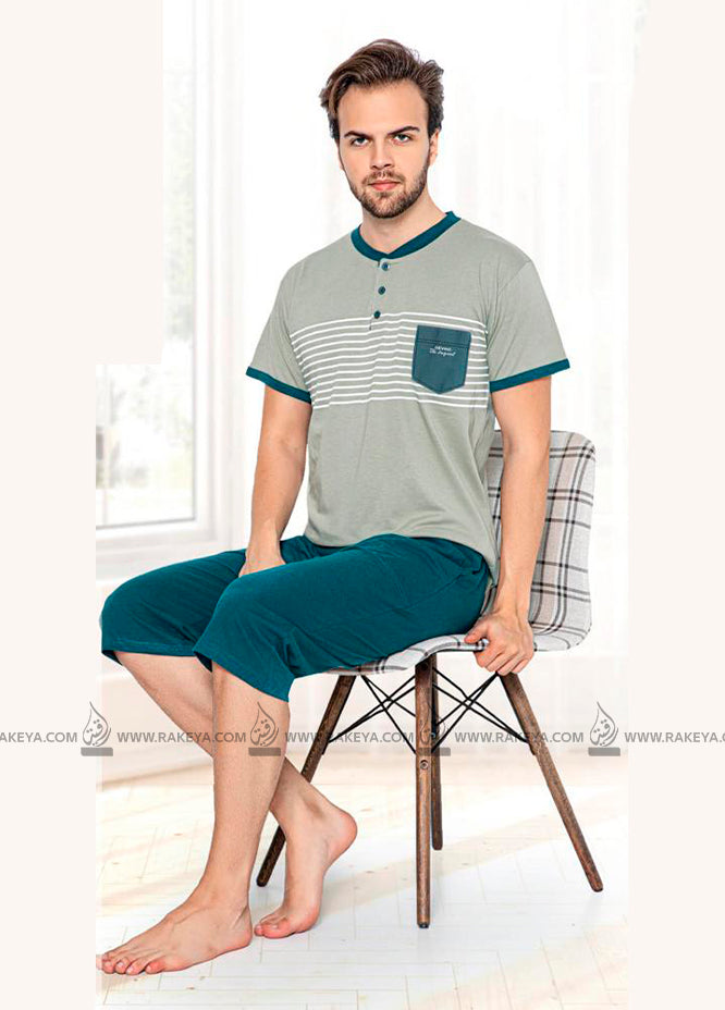 Men's V Neck Gray Green Pajama Set