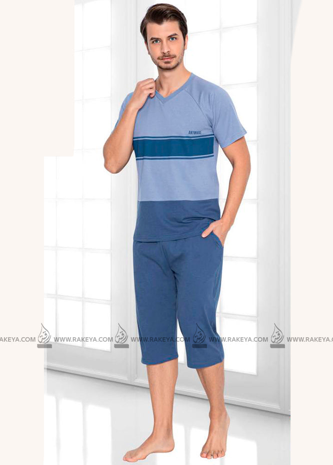 Men's V Neck Blue Pajama Set