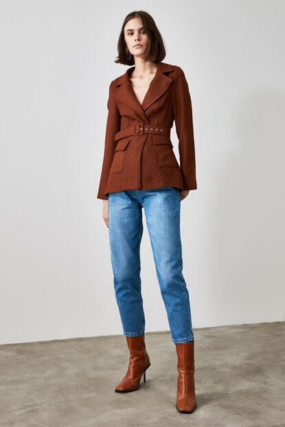 Women's Belted Brown Blazer Jacket