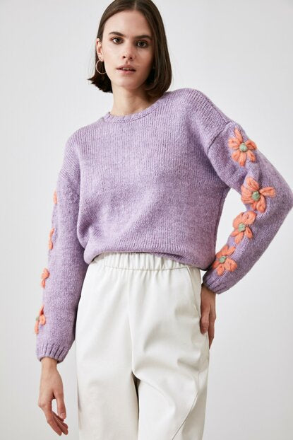 Women's Embroidered Lilac Tricot Sweater