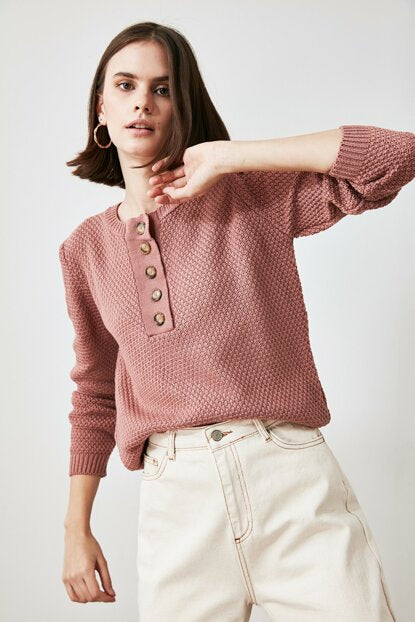 Women's Button Dusty Rose Tricot Sweater