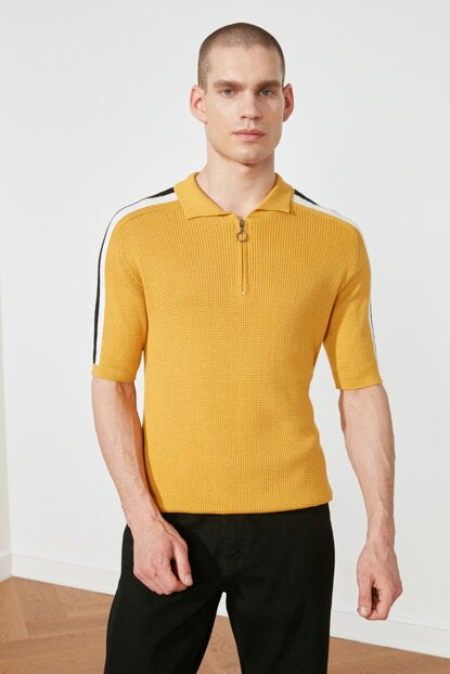 Men's Polo Collar Zip Detail Mustard Tricot T-shirt