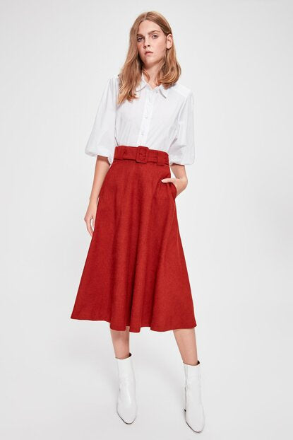 Women's Belted Tile Red Midi Skirt