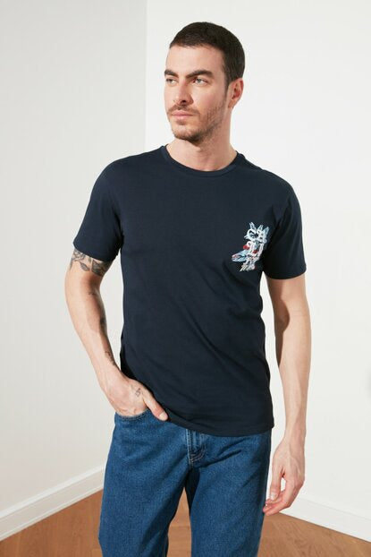 Men's Printed Navy Blue Regular Fit T-shirt