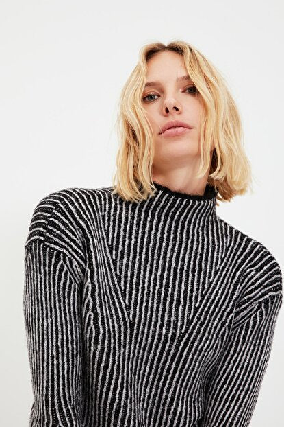 Women's Turtleneck Grey Striped Tricot Sweater