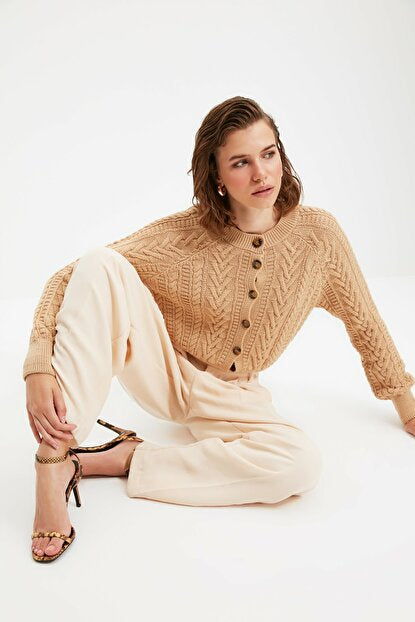 Women's Knit Detail Camel Tricot Cardigan