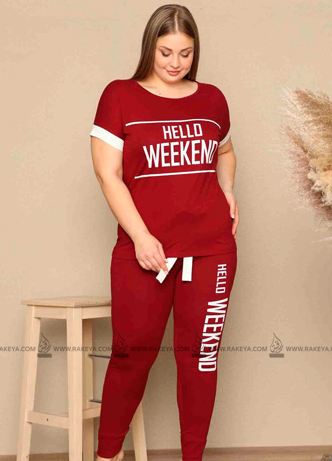 Women's Red  Crew Neck Pajama Set