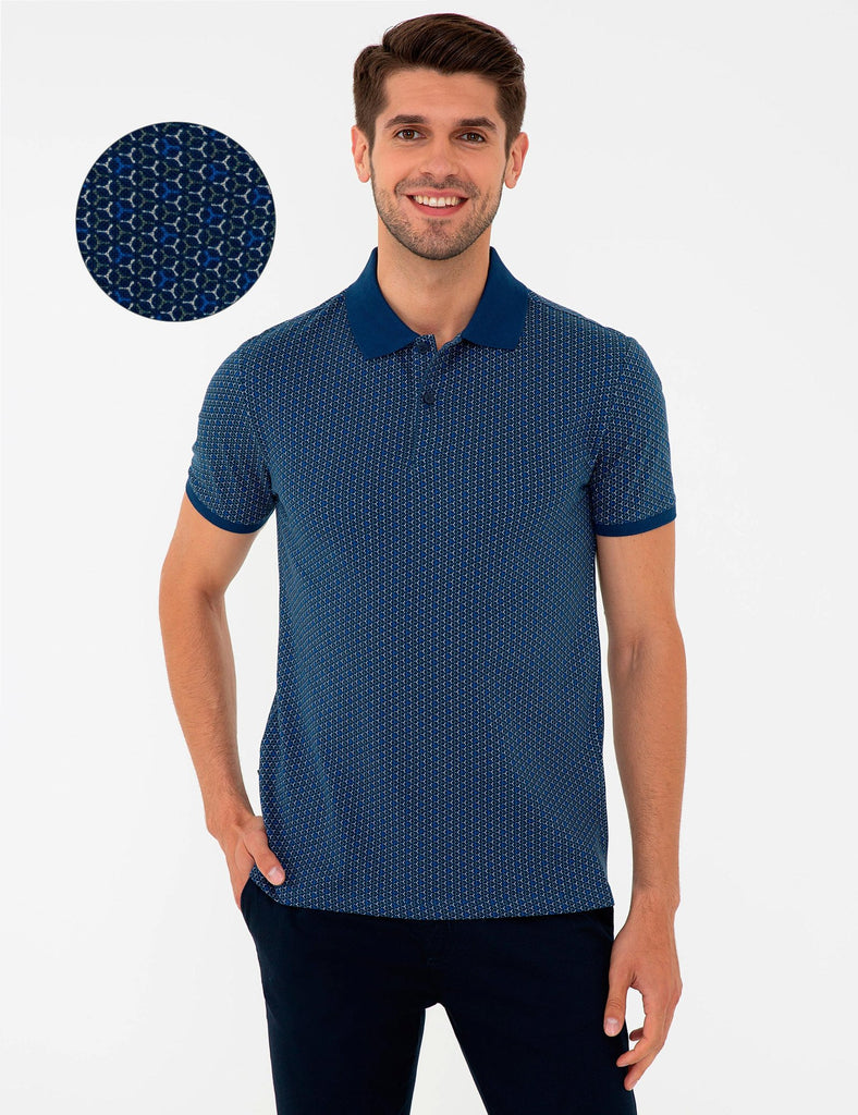 Men's Polo Collar Patterned Navy Blue Slim Fit T-shirt