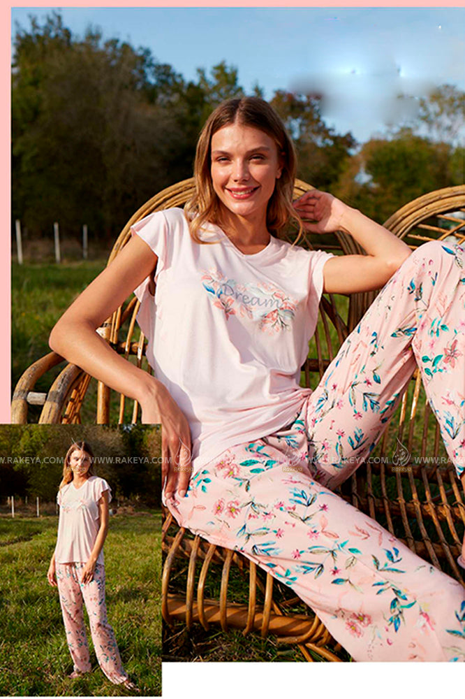 Women's Crow Neck Beige Patterned Pajama Set