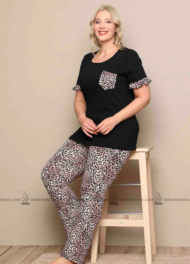Women's Crew Neck Leopard  Black Pajama Set