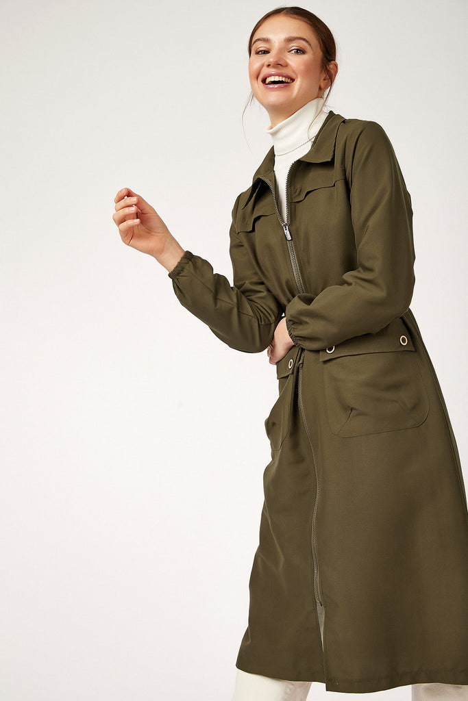 Women's Zipped Pocket Khaki Trenchcoat