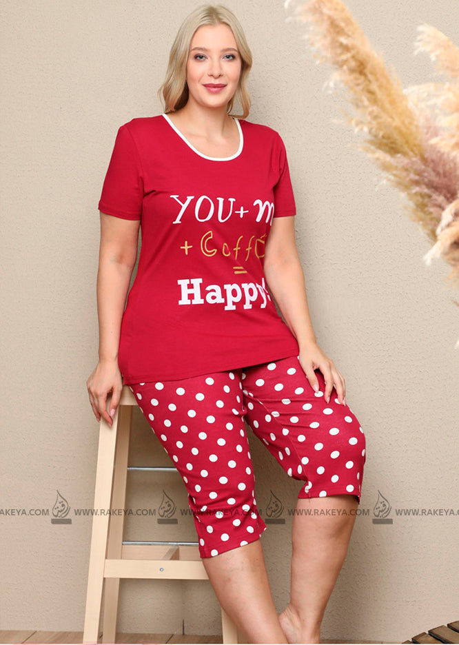 Women's Crew Neck Patterned Red Pajama Set