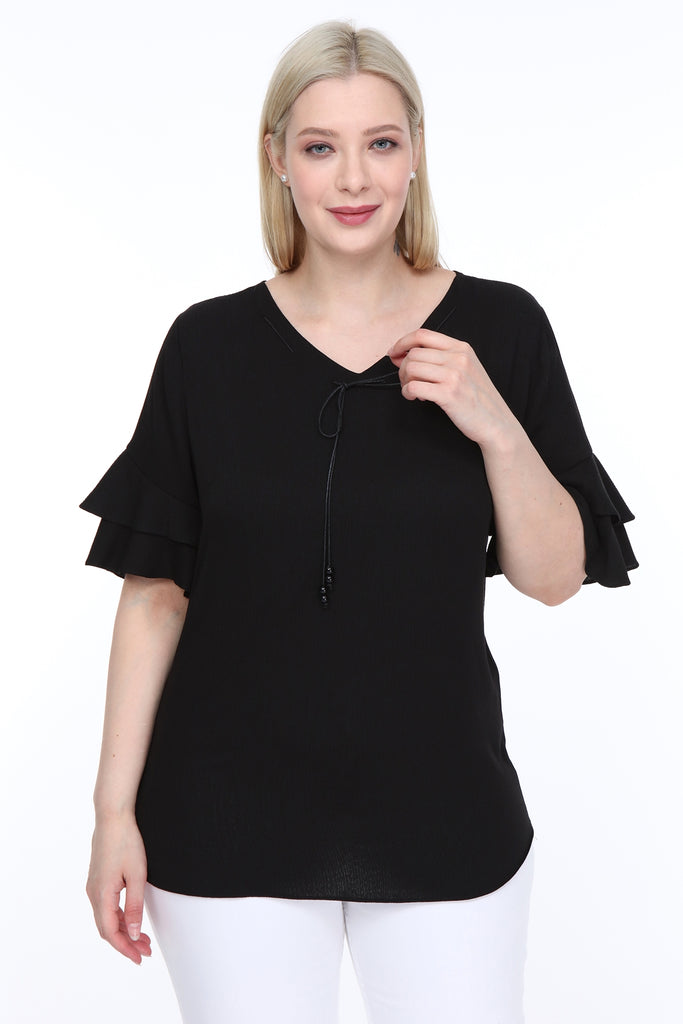 Women's Oversize Ruffle Sleeves Black Blouse