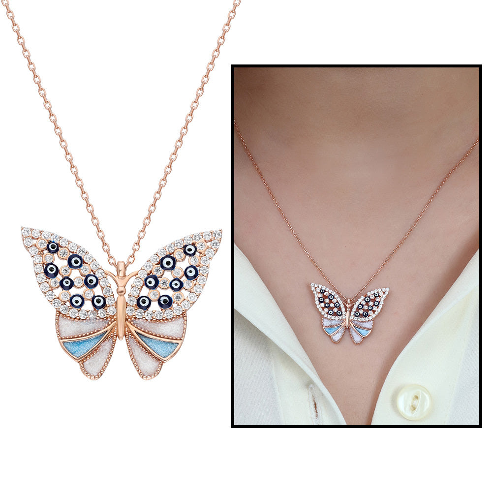 Women's Multi-color Zircon Gemmed Butterfly Pendant 925 Carat Silver Necklace