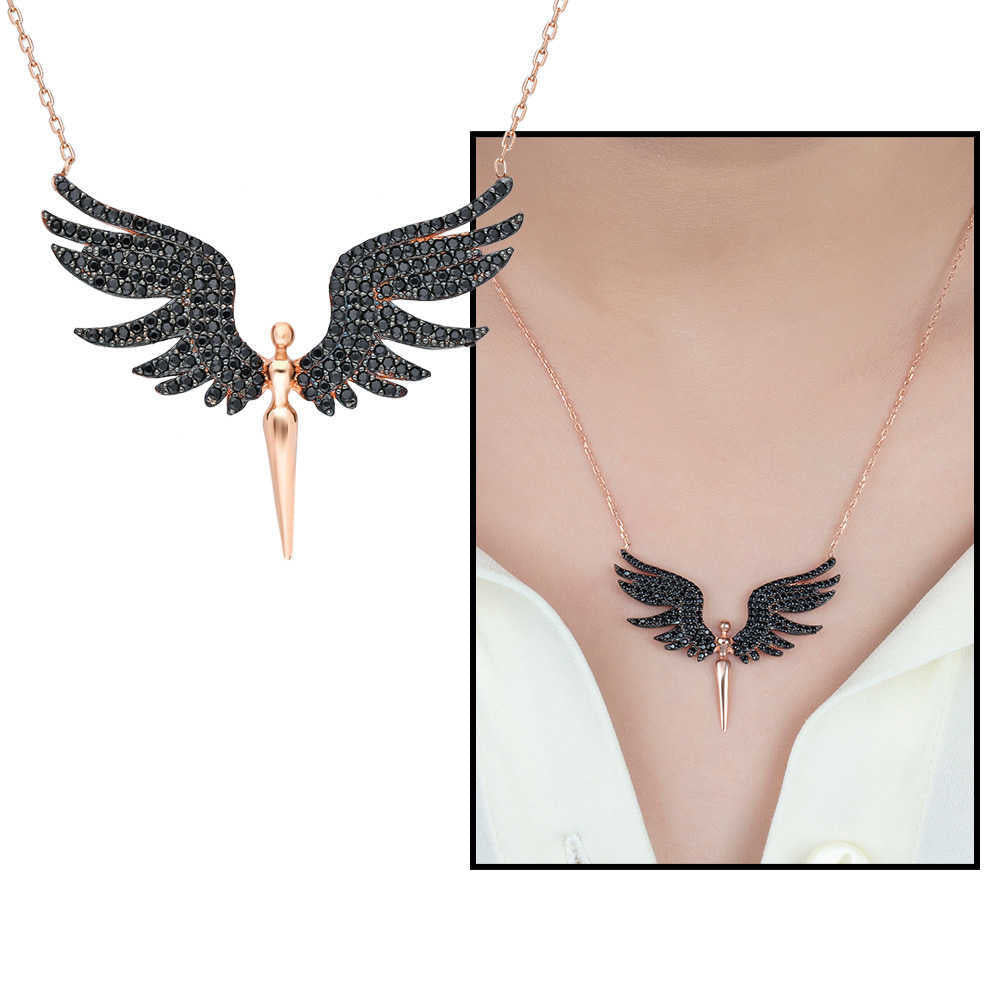Women's Black Zircon Gemmed Angel Pendant 925 Carat Silver Necklace