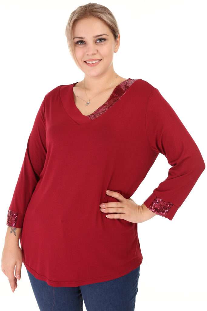 Women's Oversize V Neck Long Sleeves Sequin Detail Claret Red Blouse