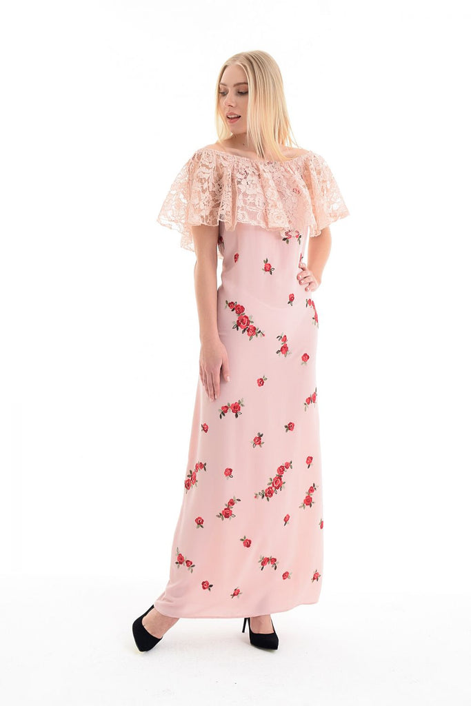 Women's Lace Detail Floral Pattern Powder Rose Long Dress