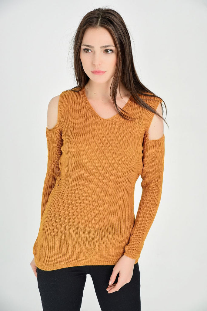 Women's V Neck Cut Out Sleeves Saffron Tricot Sweater