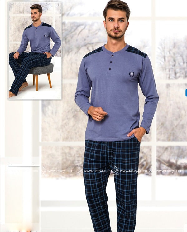 Pajama Set - Blue - Crew neck with buttons