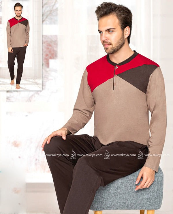 Pajama Set - Brown - Crew neck with buttons