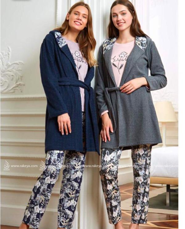 Pajama Set - Gray - Navy Blue - With robe