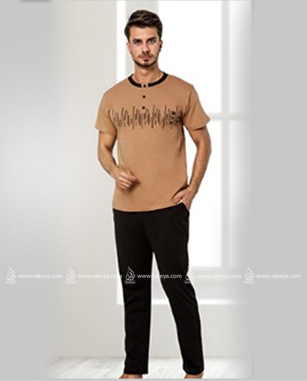 Pajama Set - Brown - Crew neck with buttons