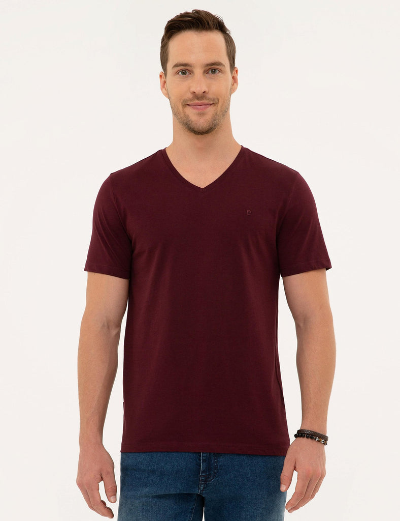Men's V Neck Basic Claret Red Slim Fit T-shirt