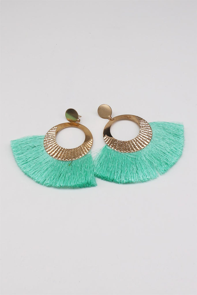 Women's Gold Metal Detail Aqua Green Tassel Dangle Earrings