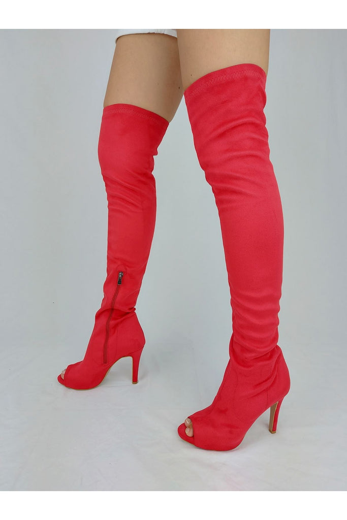 Women's Long Red Suede Stretch Boots