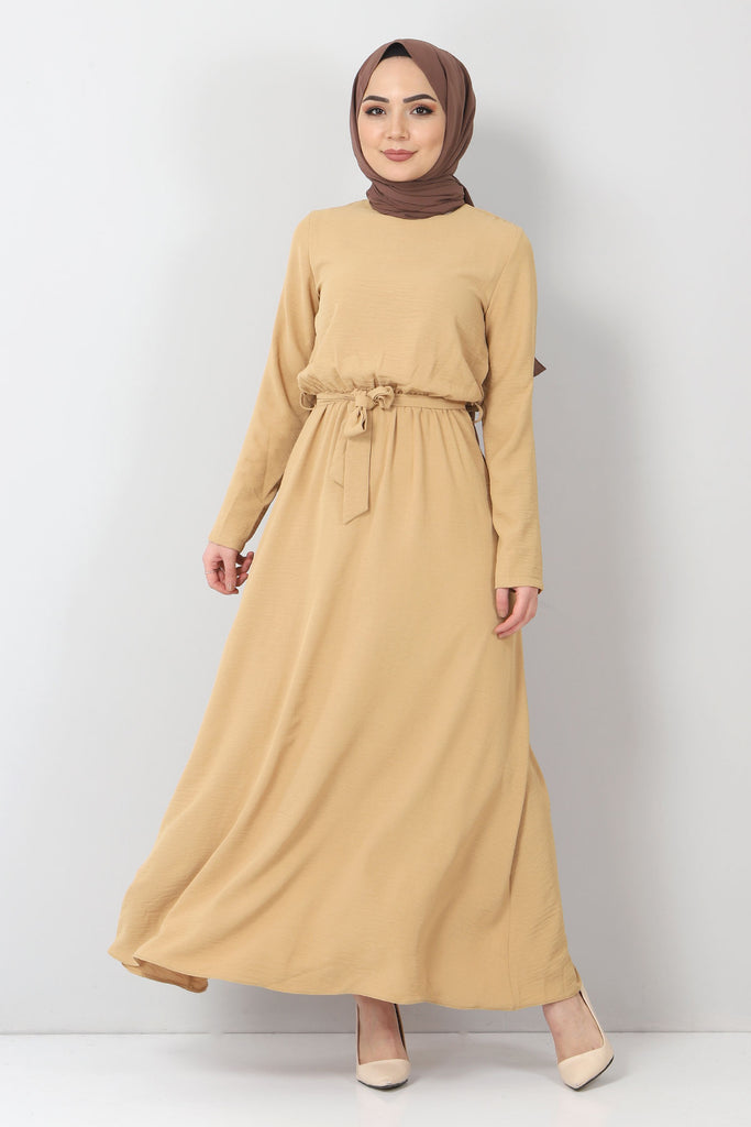 فستان قماش ايروبين بني بخصر مرن نسائي