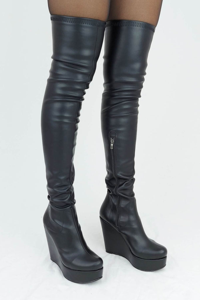 Women's Long Black Leather Wedge Boots
