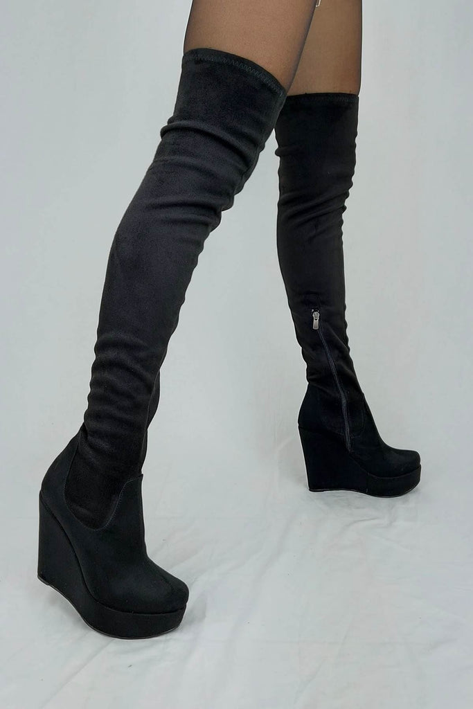 Women's Long Black Suede Wedge Boots