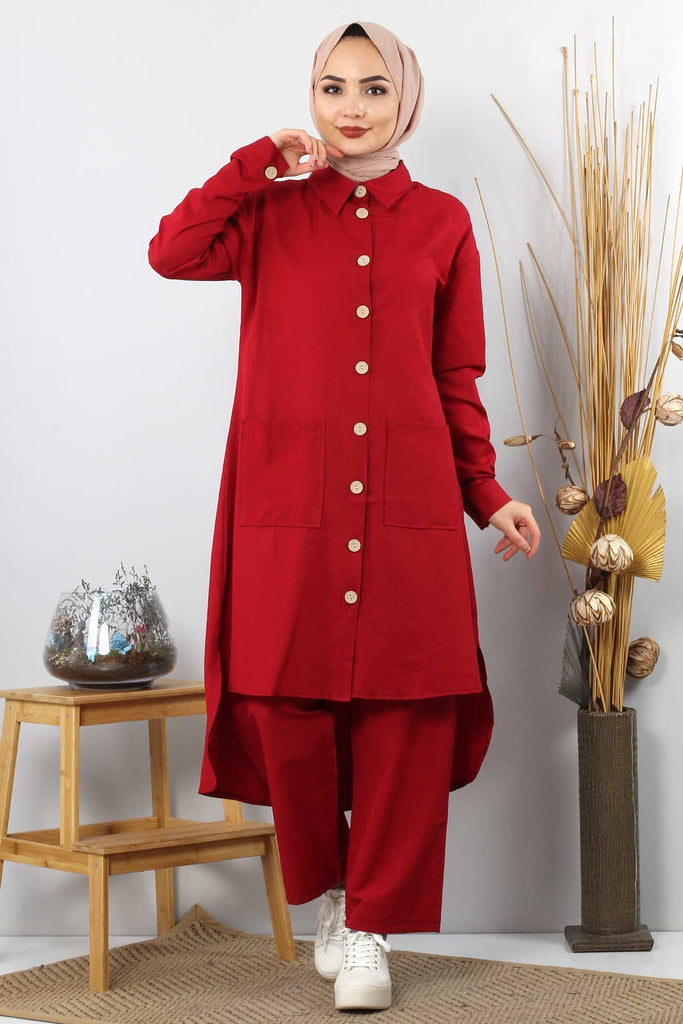 Women's Pocket Claret Red Modest Tunic & Pants Set