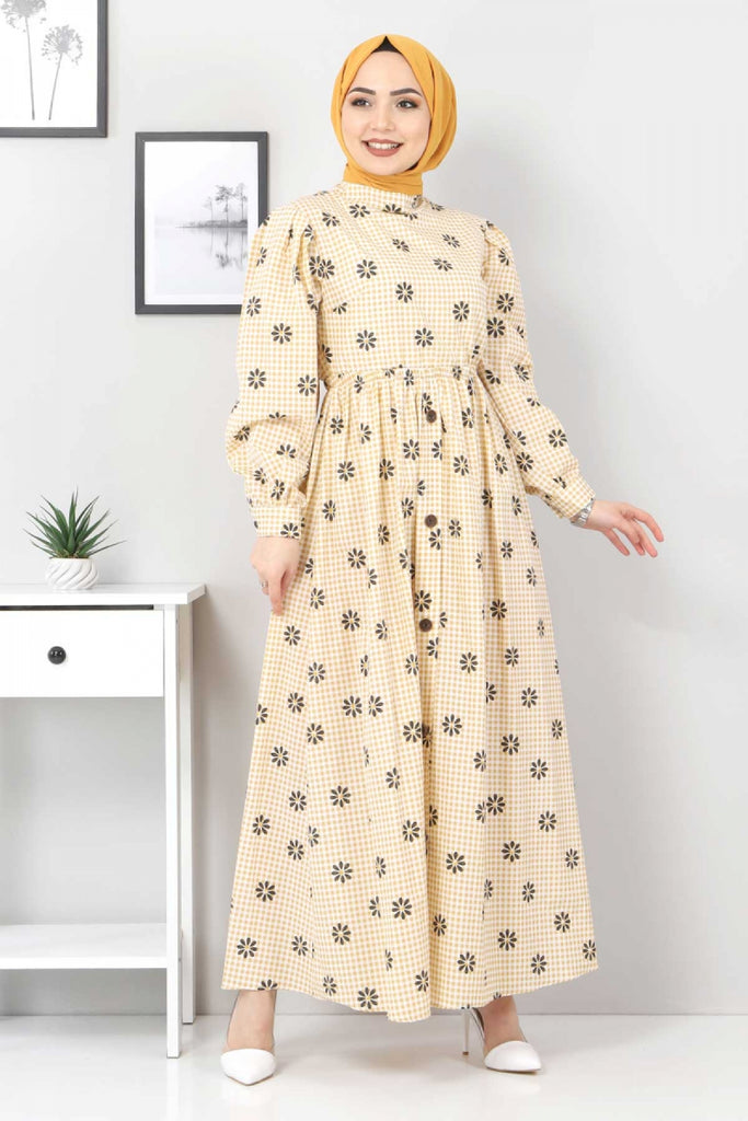 Women's Floral Pattern Checkered Mustard Dress