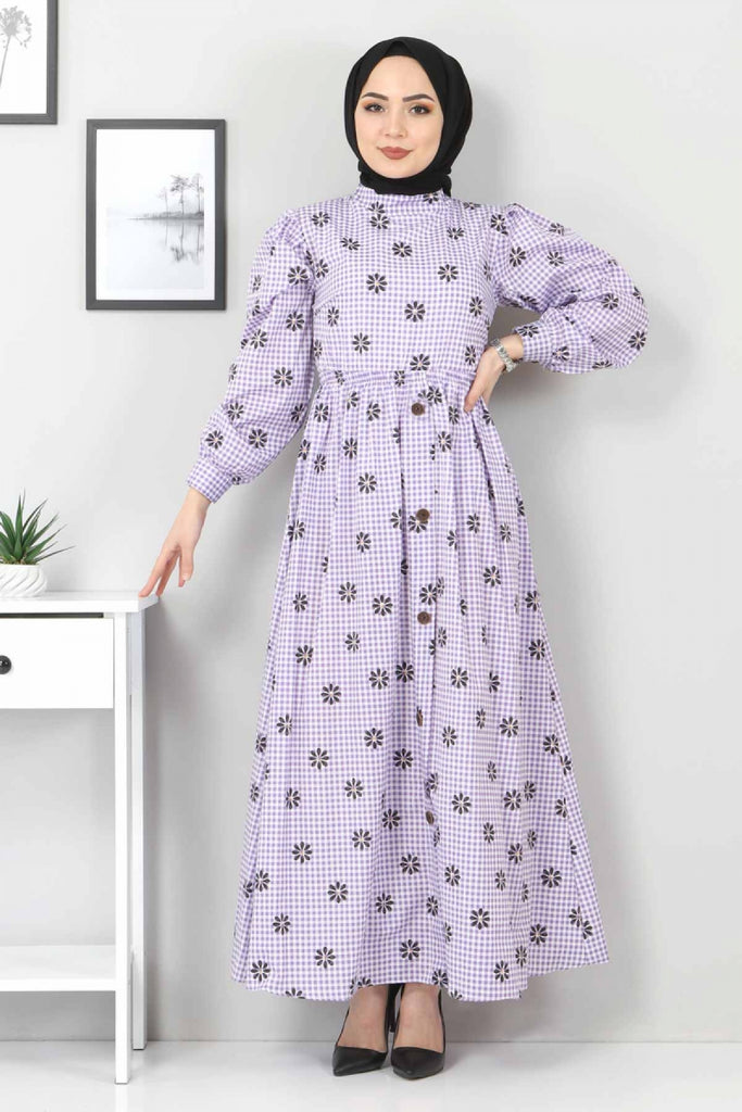 Women's Floral Pattern Checkered Purple Dress