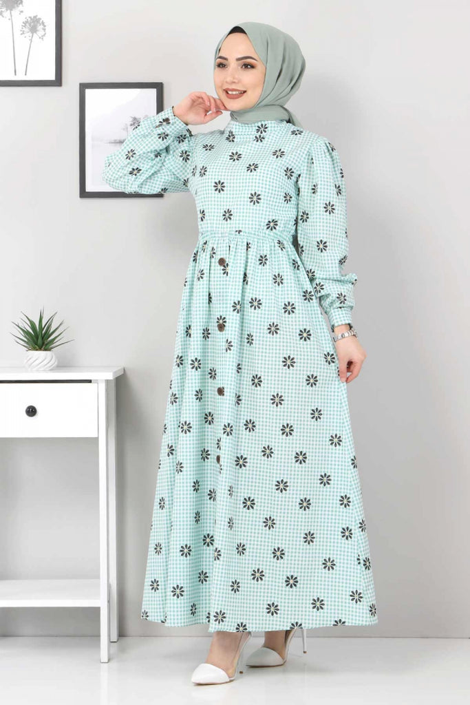 Women's Floral Pattern Checkered Green Dress