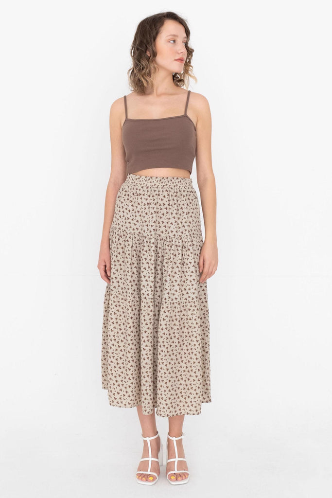 Women's Ruffle Patterned Brown Midi Skirt