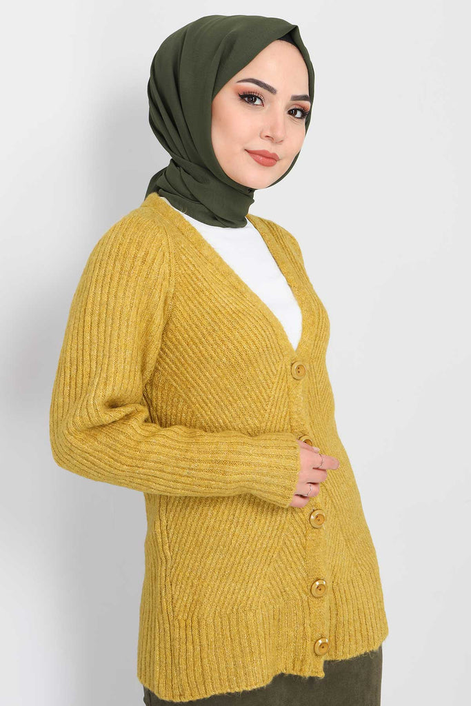 Women's Button Mustard Tricot Cardigan