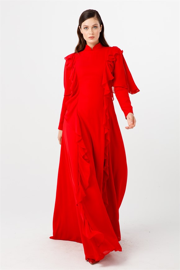 Women's Fish Model Gem Detail Ruffle Red Evening Dress