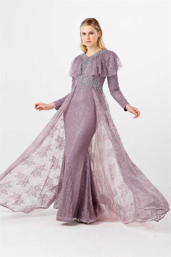 Women's V Neck Gemmed Ruffle Detail Lilac Evening Dress