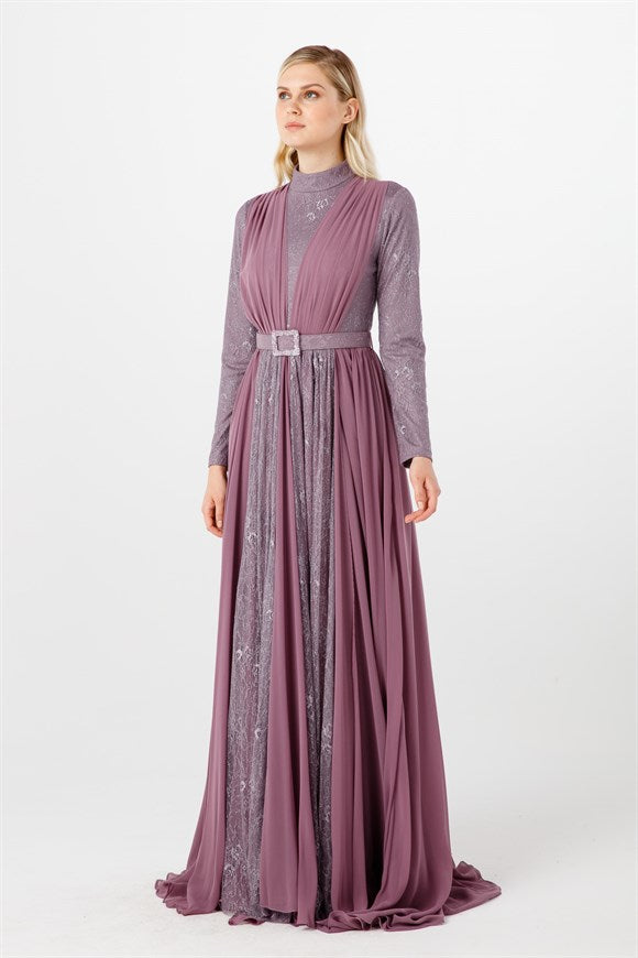 Women's Gem Buckle Belted Lilac Lace Chiffon Evening Dress
