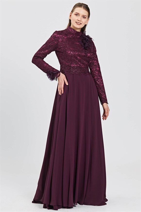 Women's Flower Accessory Lace Top Chiffon Damson Evening Dress