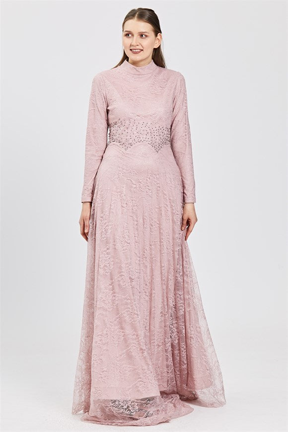 Women's Pearl Detail Powder Rose Lace Evening Dress