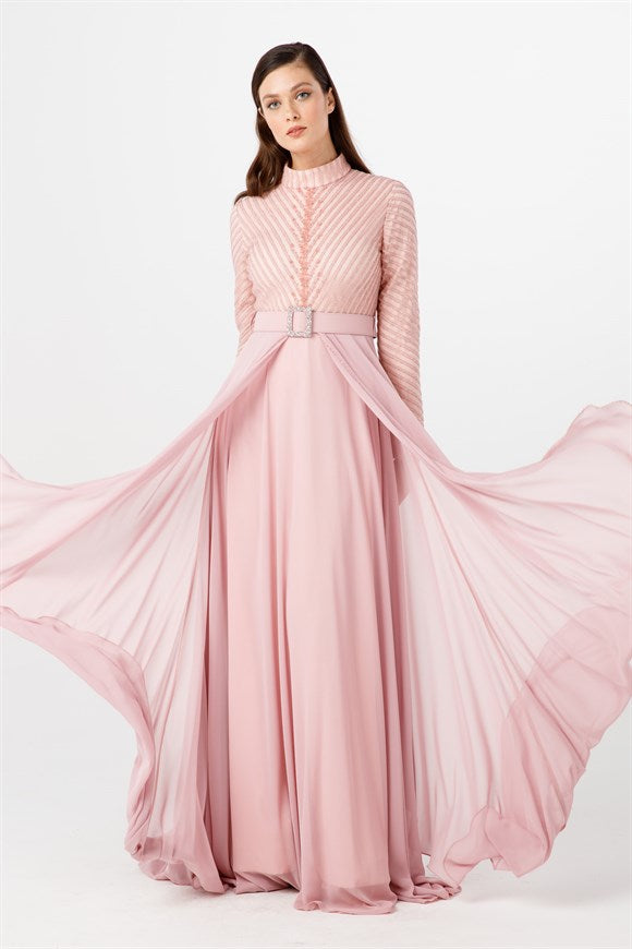 Women's Gemmed Powder Rose Tulle Evening Dress