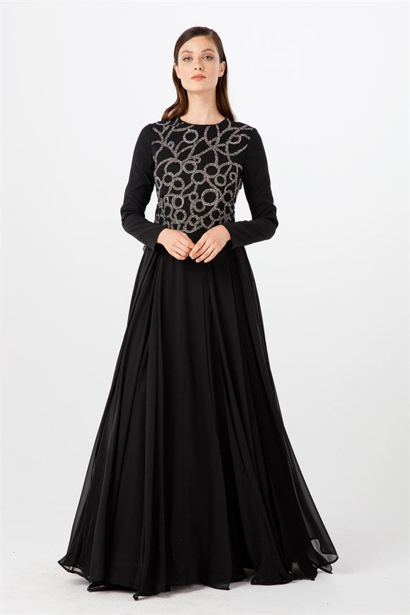 Women's Gemmed Black Chiffon Evening Dress