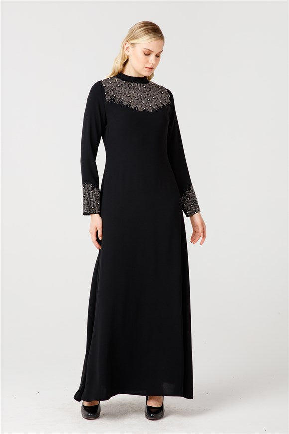 فستان سهرة أسود بفصوص ورقبة دائرية نسائي